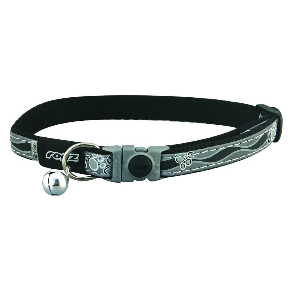 Rogz Reflective Cat Collar with Breakaway Clip and Removable Bell, fully adjustable to fit most breeds, Black Paw Design - main product image