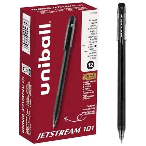 Uni-Ball Jetstream 101 Ballpoint Pens, Medium Point (1.0mm), Black, 12 Pack | Smooth Hybrid Ink, Smudge-Resistant — Black