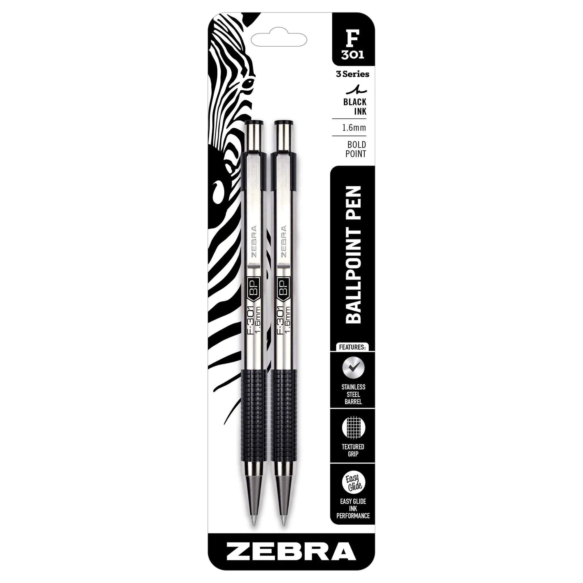 Zebra Pen STEEL F-301 Retractable Ballpoint Pen, Black Ink, 1.6mm, 2-Pack | Smooth Ink Flow for Students & Professionals - main product image