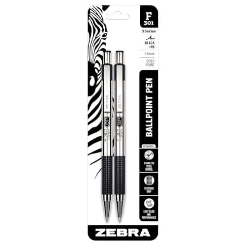 Zebra Pen STEEL F-301 Retractable Ballpoint Pen, Black Ink, 1.6mm, 2-Pack | Smooth Ink Flow for Students & Professionals thumbnail 1