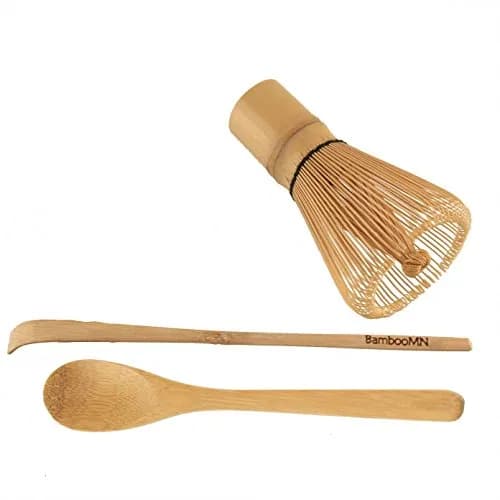 BambooMN Matcha Whisk Set - Golden Chasen (Tea Whisk), Chashaku (Hooked Bamboo Scoop), Tea Spoon - 10 Sets thumbnail 1