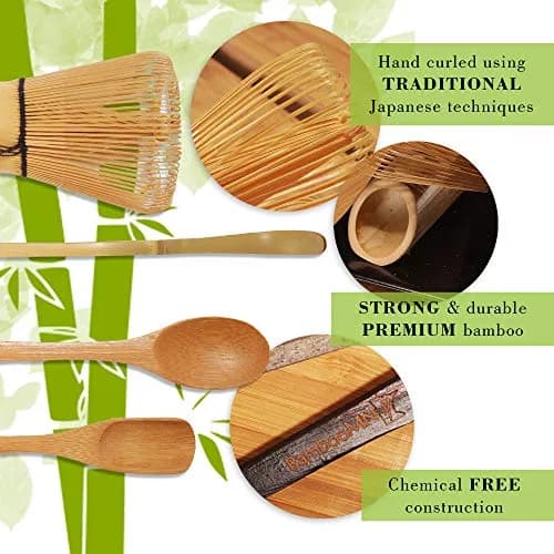 BambooMN Matcha Whisk Set - Golden Chasen (Tea Whisk), Chashaku (Hooked Bamboo Scoop), Deep Scoop, Tea Spoon - 2 Sets | Traditional Japanese Tea Utensils thumbnail 4