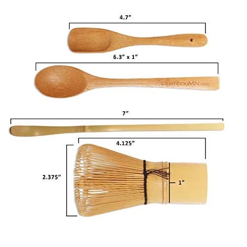 BambooMN Matcha Whisk Set - Golden Chasen (Tea Whisk), Chashaku (Hooked Bamboo Scoop), Deep Scoop, Tea Spoon - 2 Sets | Traditional Japanese Tea Utensils thumbnail 2
