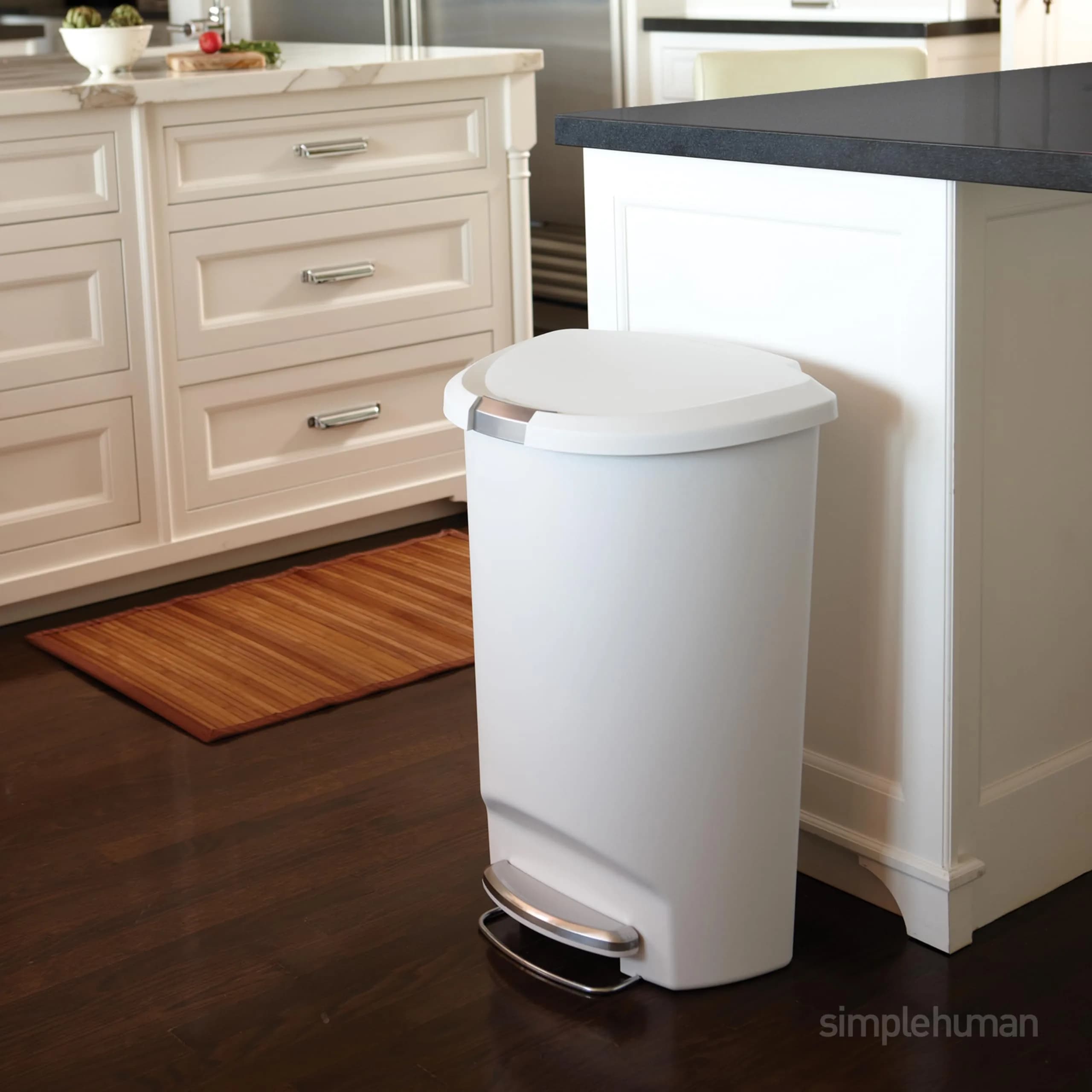 simplehuman 50 Liter (13 Gallon) Semi-Round Kitchen Step Trash Can with Soft-Close Lid, White | Pet-Proof Slide Lock - view 2