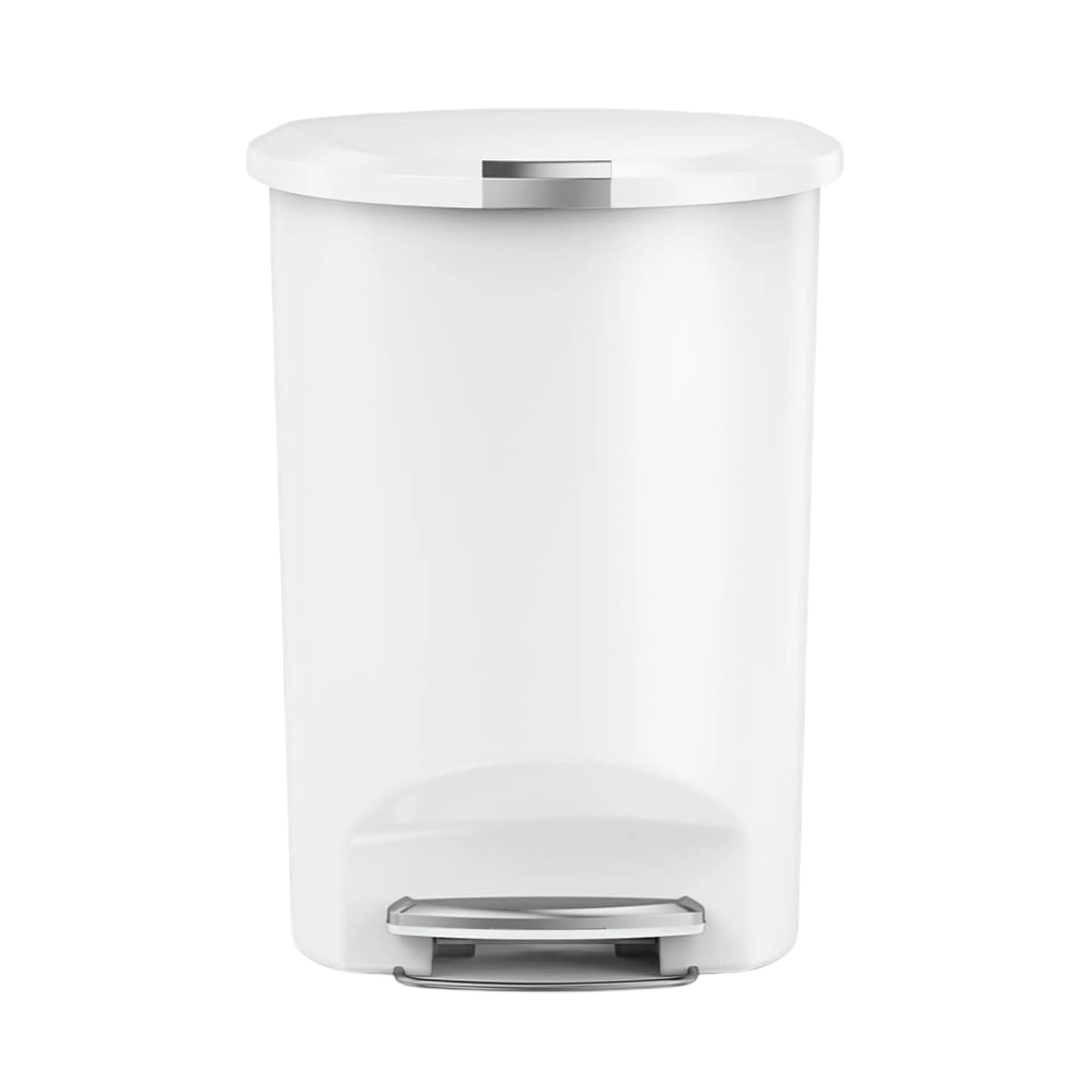 simplehuman 50 Liter (13 Gallon) Semi-Round Kitchen Step Trash Can with Pet-Proof Lock, Black Plastic | Durable & Silent Close — White