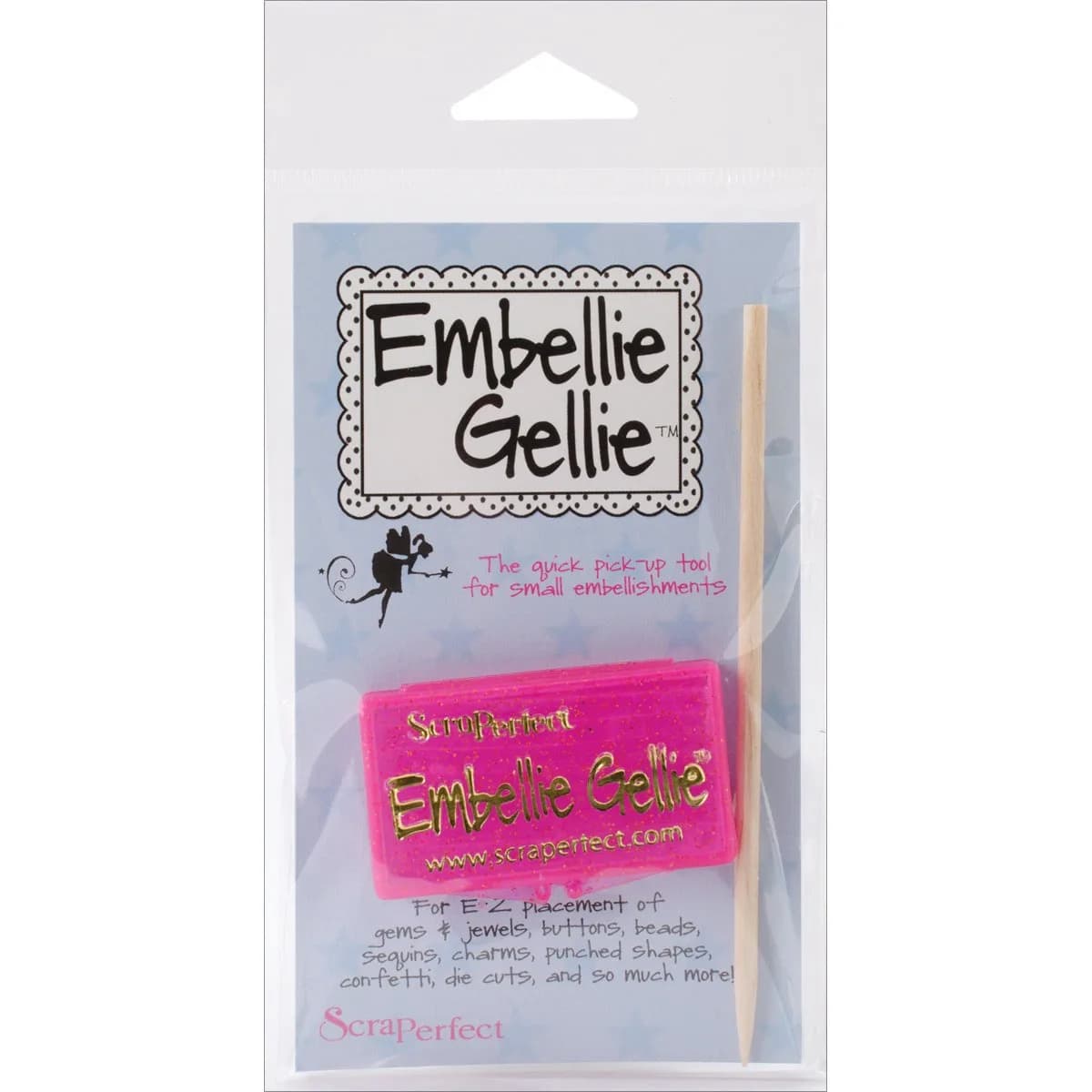 Scraperfect Embellie Gellie Tool with Wooden Wand | Pick-n-Stick for Small Embellishments - main product image