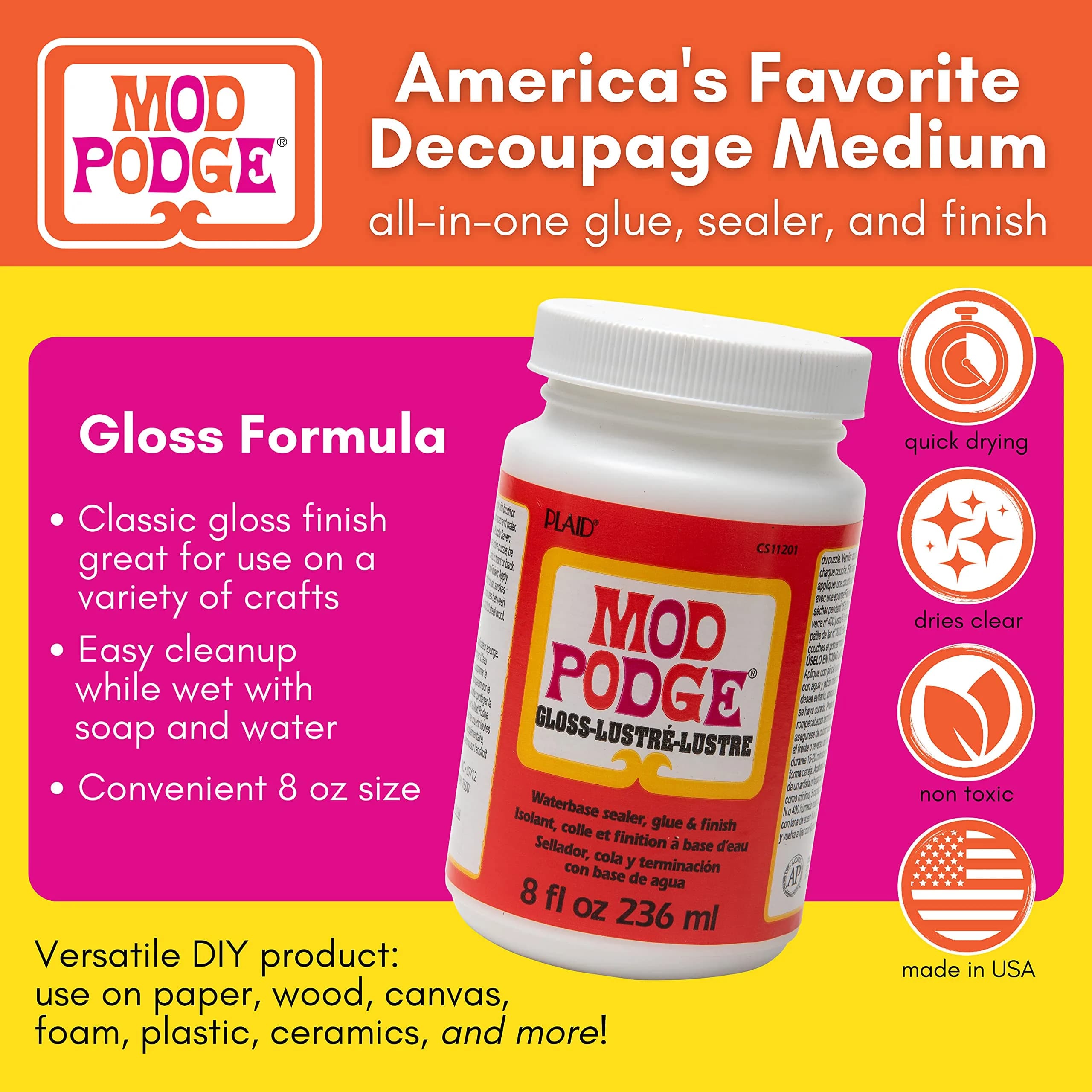 Mod Podge Gloss Sealer, Glue & Finish 237ml (8 fl oz) | All-in-One Craft Solution for Wood, Paper, Fabric - view 2