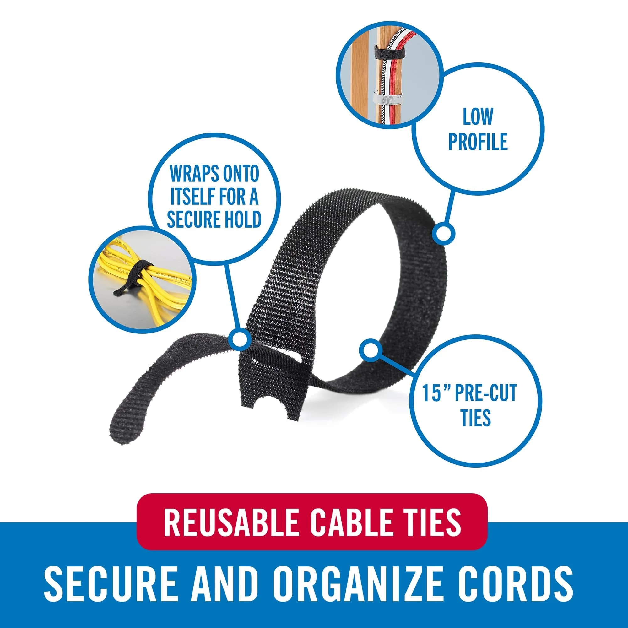 VELCRO Brand Reusable Cable Ties 15 inch (38 cm) Black & Gray, 30 Pack | Organize Large Cable Bundles - view 2