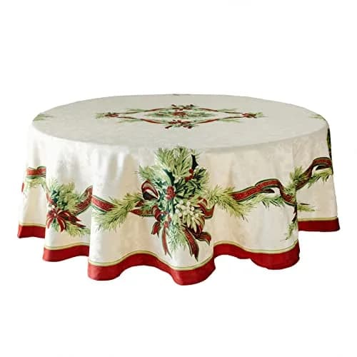 Benson Mills Christmas Ribbons Tablecloth 70" Round | Holiday Winter Decor thumbnail 1