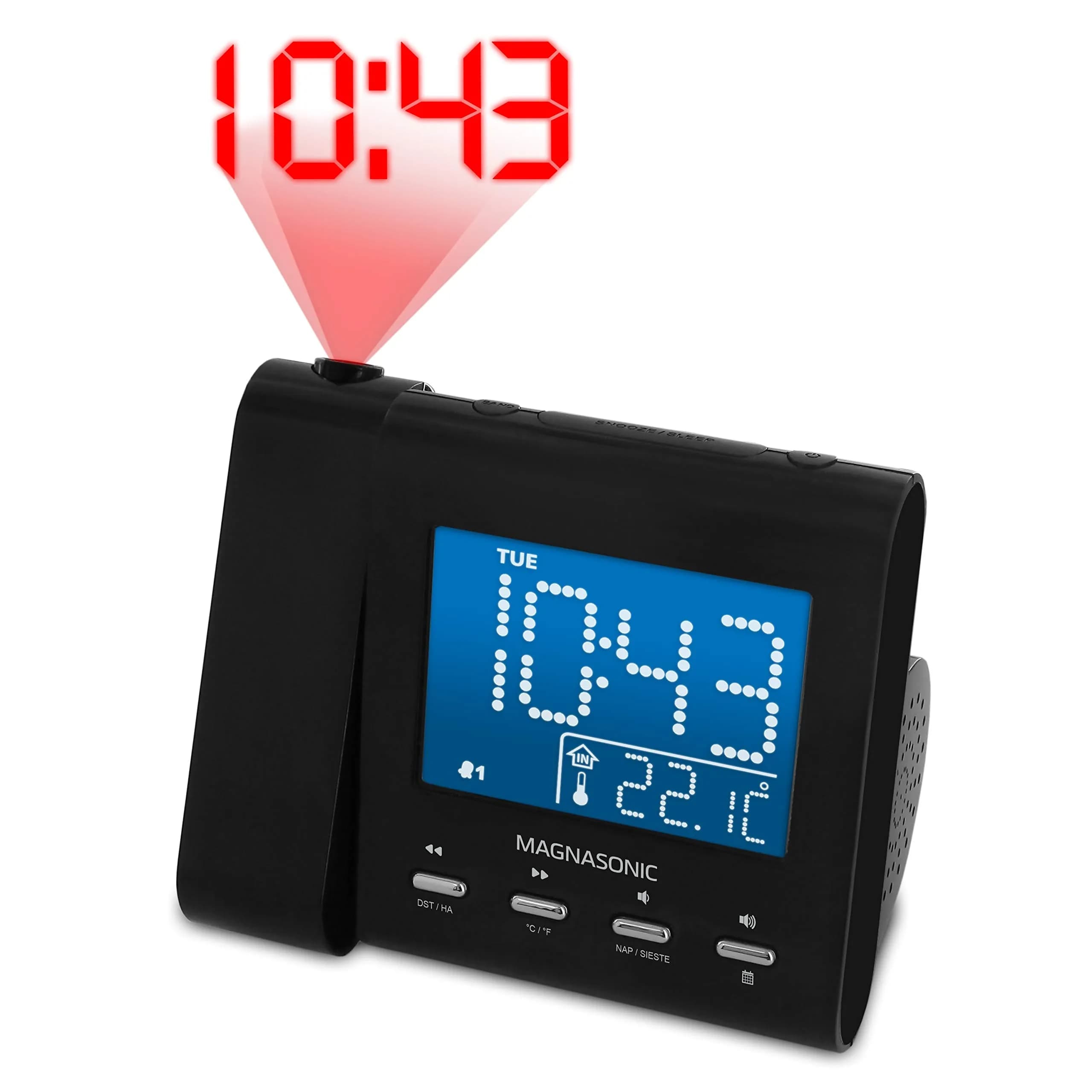 Magnasonic Black Clock with AM/FM Radio, Dual Alarm, Battery Backup, Projection & Indoor Temp | Modern Bedroom Essential — Black