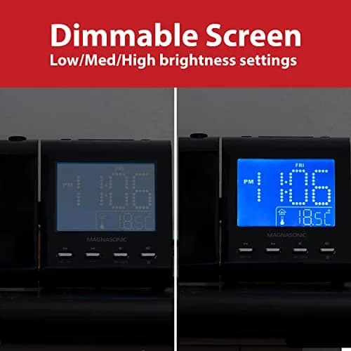 Magnasonic Black Clock with AM/FM Radio, Dual Alarm, Battery Backup, Projection & Indoor Temp | Modern Bedroom Essential thumbnail 4