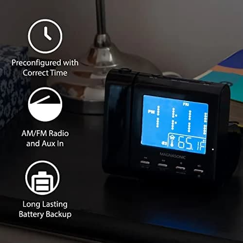 Magnasonic Black Clock with AM/FM Radio, Dual Alarm, Battery Backup, Projection & Indoor Temp | Modern Bedroom Essential thumbnail 5