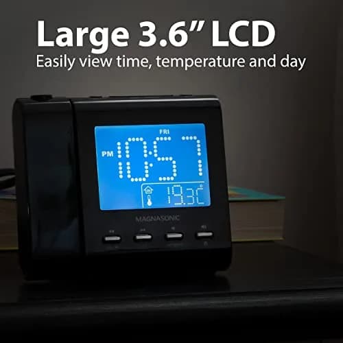 Magnasonic Black Clock with AM/FM Radio, Dual Alarm, Battery Backup, Projection & Indoor Temp | Modern Bedroom Essential thumbnail 6