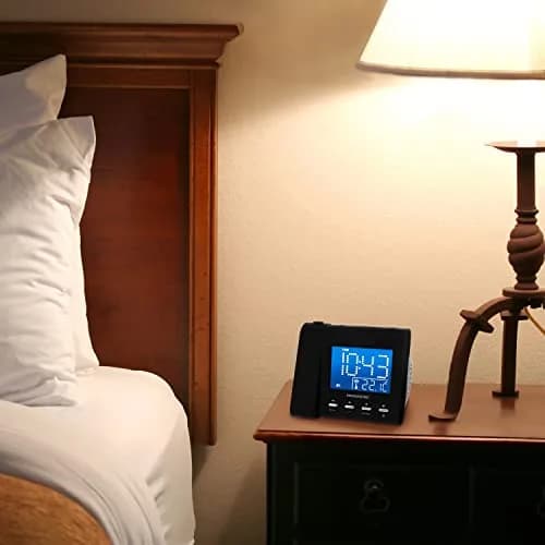 Magnasonic Black Clock with AM/FM Radio, Dual Alarm, Battery Backup, Projection & Indoor Temp | Modern Bedroom Essential thumbnail 8