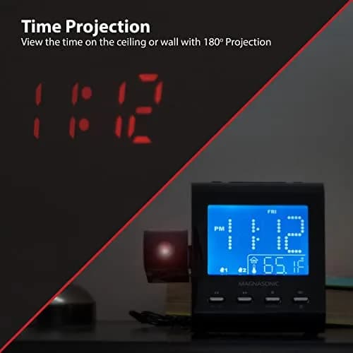 Magnasonic Black Clock with AM/FM Radio, Dual Alarm, Battery Backup, Projection & Indoor Temp | Modern Bedroom Essential thumbnail 3