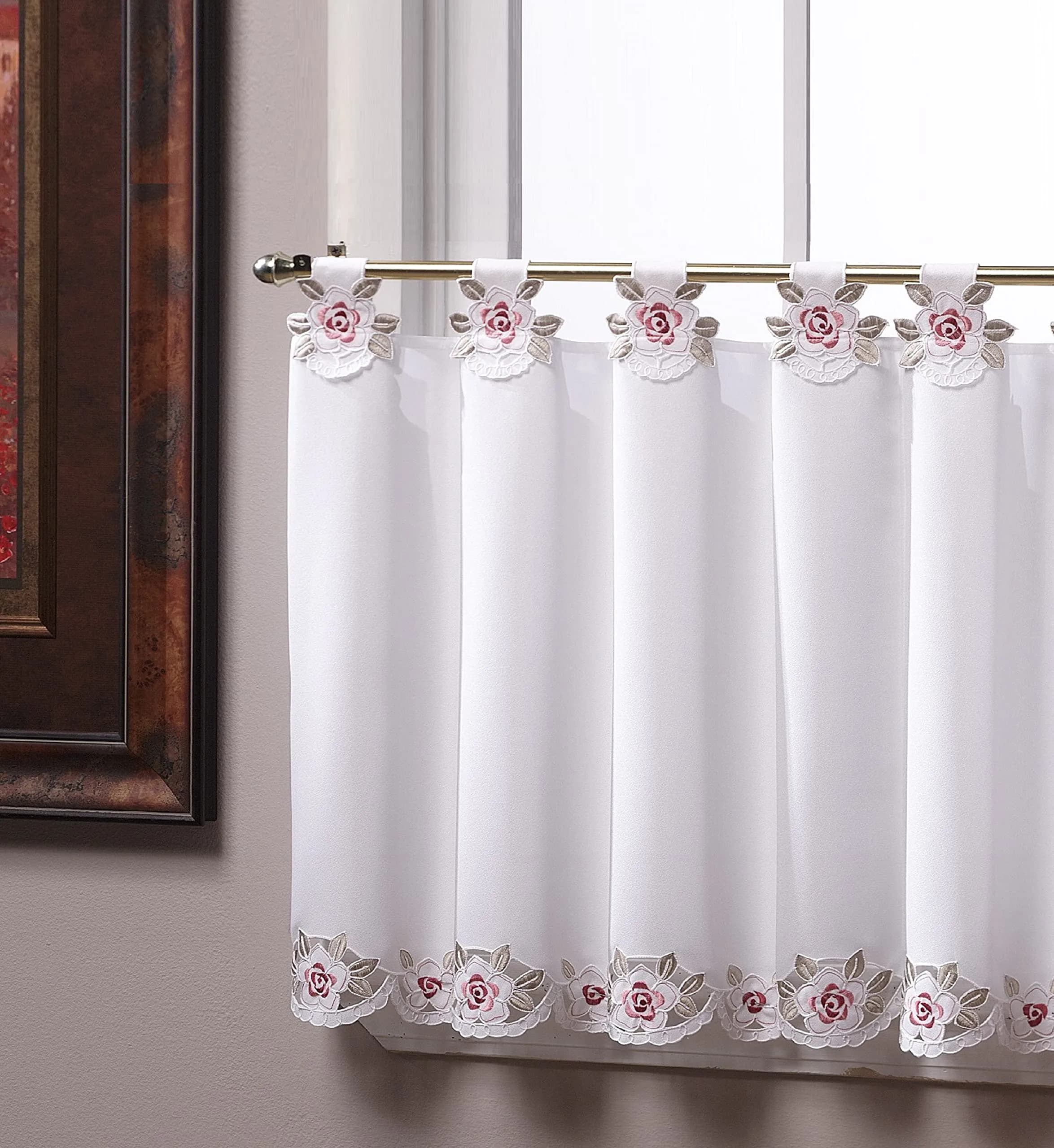 Today's Curtain Capri White/Rose Embroidery Tab Top Tier Curtains 91cm (36") | Light-Filtering Window Panels - main product image