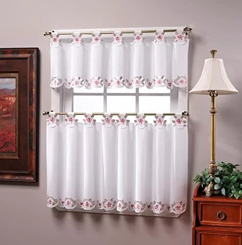 Today's Curtain Capri White/Rose Embroidery Tab Top Tier Curtains 91cm (36") | Light-Filtering Window Panels thumbnail 5
