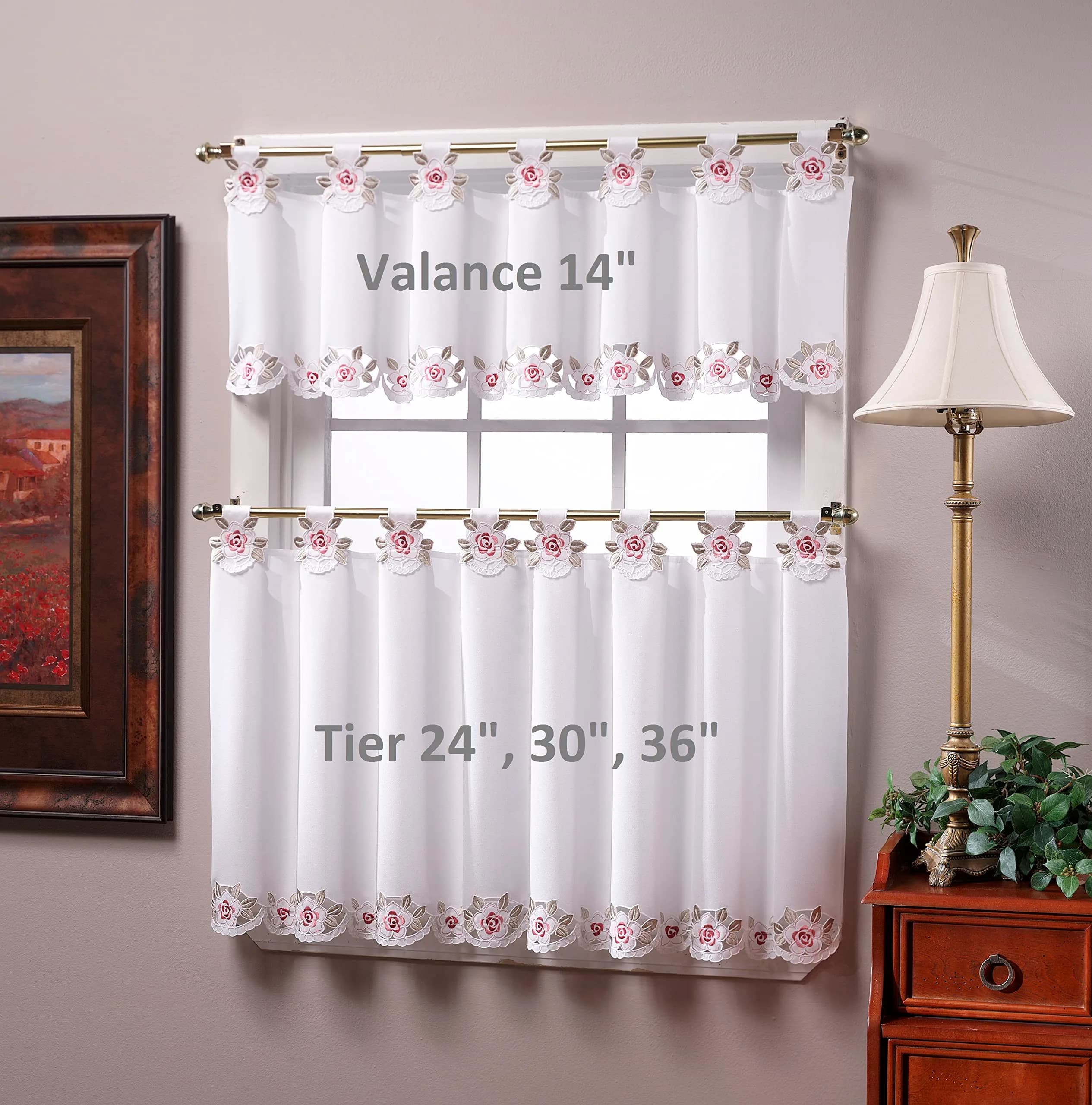 Today's Curtain Capri White/Rose Embroidery Tab Top Tier Curtains 91cm (36") | Light-Filtering Window Panels - view 6
