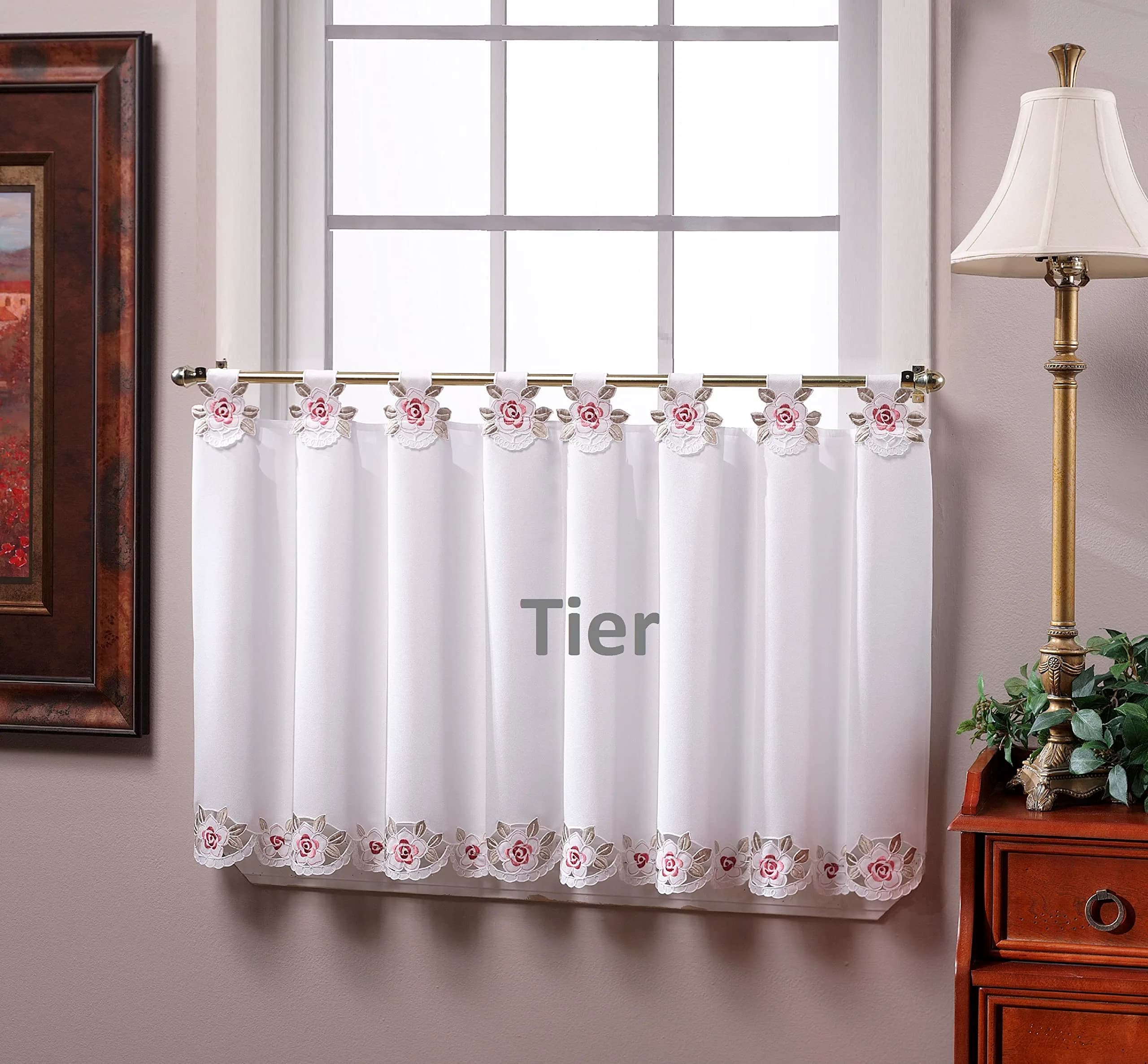 Today's Curtain Capri White/Rose Embroidery Tab Top Tier Curtains 91cm (36") | Light-Filtering Window Panels - view 7