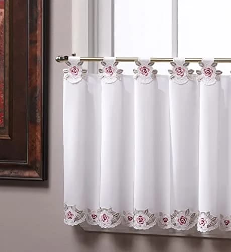 Today's Curtain Capri White/Rose Embroidery Tab Top Tier Curtains 91cm (36") | Light-Filtering Window Panels thumbnail 1