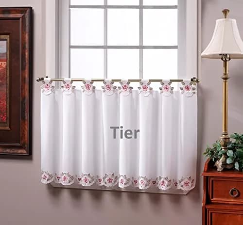 Today's Curtain Capri White/Rose Embroidery Tab Top Tier Curtains 91cm (36") | Light-Filtering Window Panels thumbnail 7