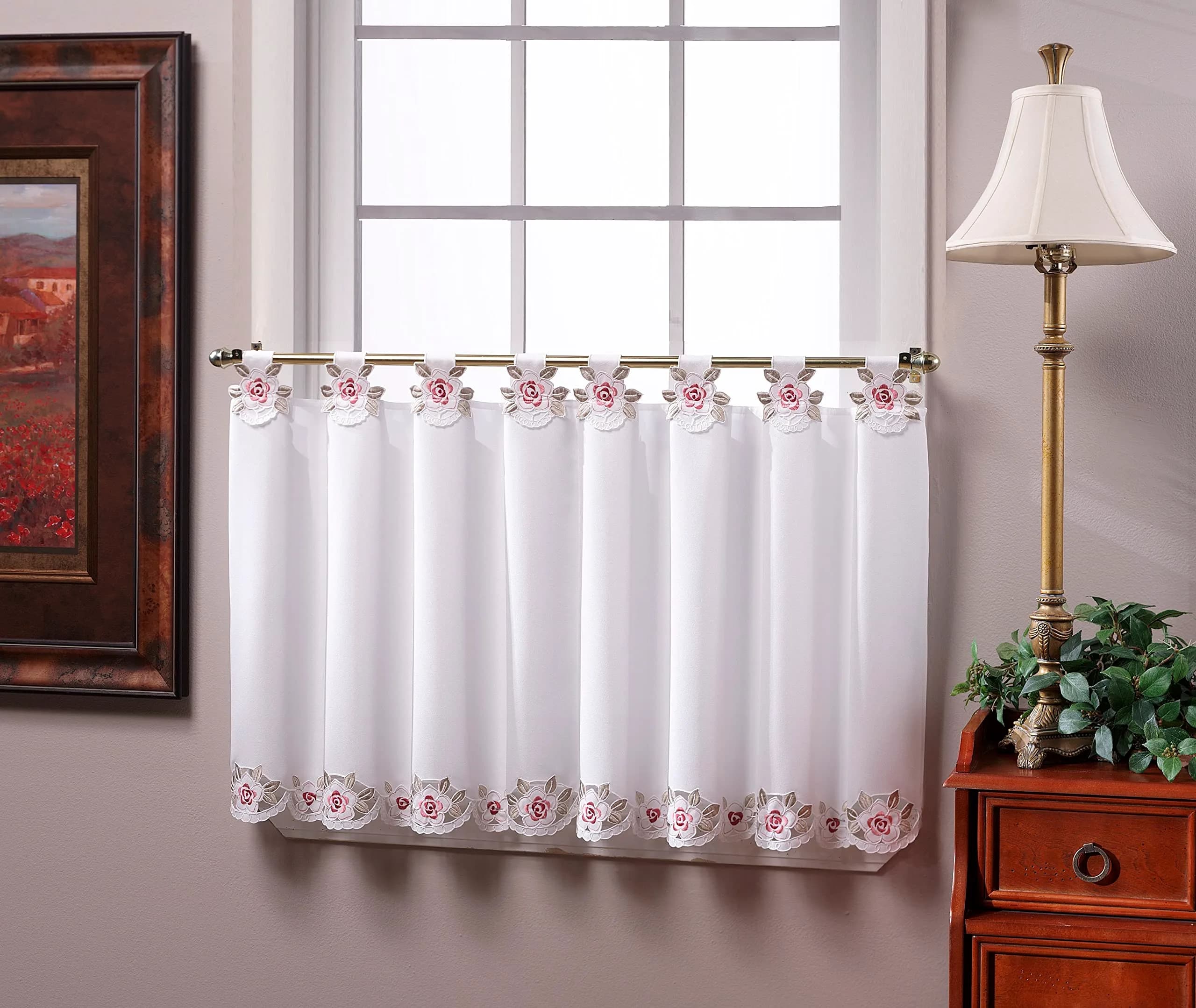 Today's Curtain Capri White/Rose Embroidery Tab Top Tier Curtains 91cm (36") | Light-Filtering Window Panels - view 2