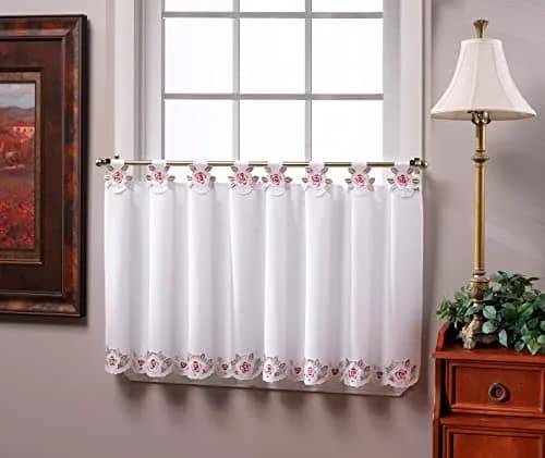 Today's Curtain Capri White/Rose Embroidery Tab Top Tier Curtains 91cm (36") | Light-Filtering Window Panels thumbnail 2