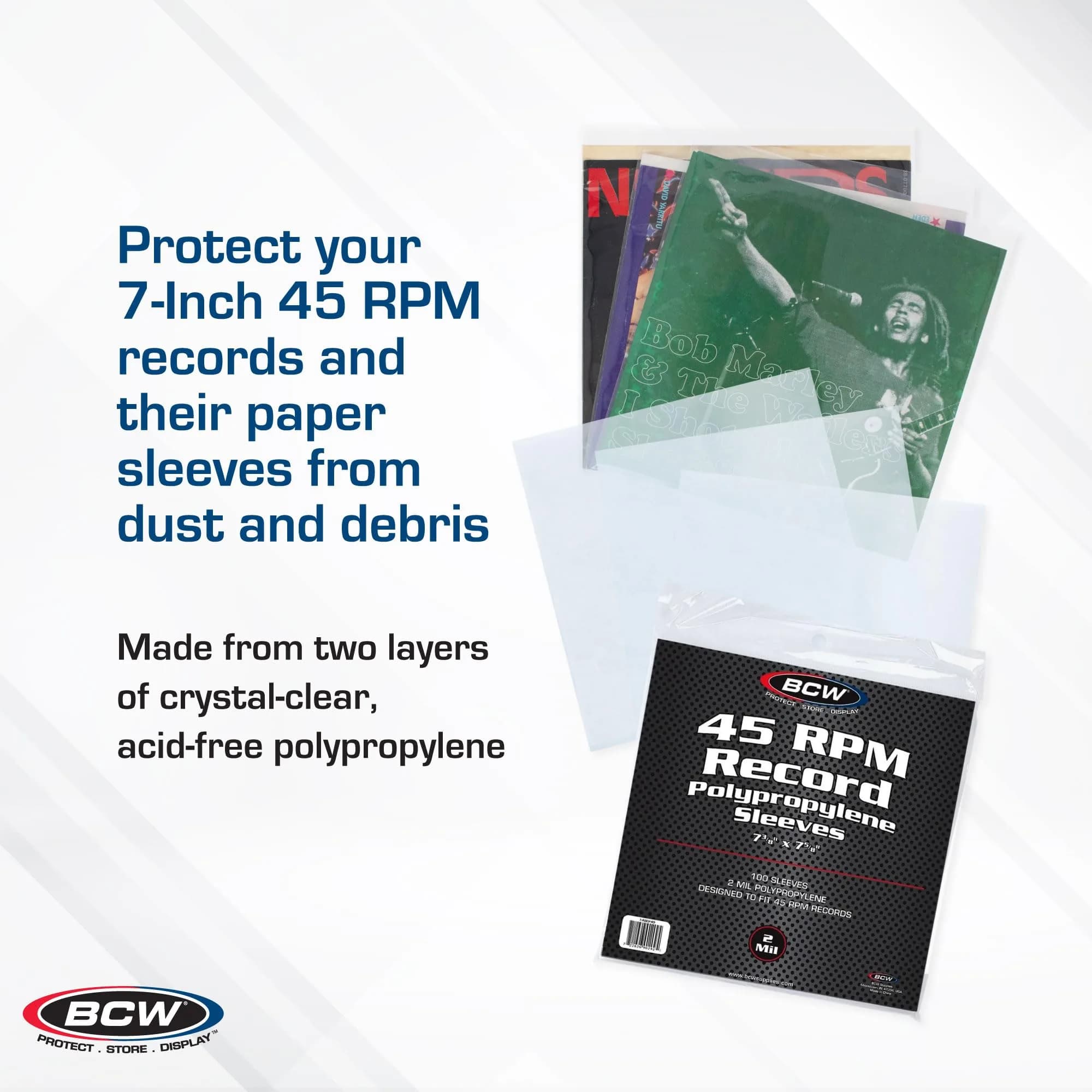 BCW 45 RPM Vinyl Record Sleeves 100 Count | Clear 2 Mil Polypropylene for 7-Inch Records - view 2