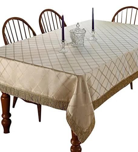 Violet Linen Diamond Damask Design Fringes Tablecloth Beige 54" | Elegant Damask Pattern for Dining thumbnail 1