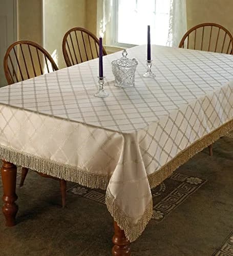 Violet Linen Diamond Damask Design Fringes Tablecloth Beige 54" | Elegant Damask Pattern for Dining thumbnail 2