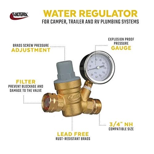 Valterra RV Water Regulator Brass Adjustable Pressure Gauge | Lead-Free, Conforms to Drinking Water Laws thumbnail 2