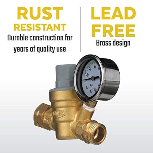 Valterra RV Water Regulator Brass Adjustable Pressure Gauge | Lead-Free, Conforms to Drinking Water Laws thumbnail 3