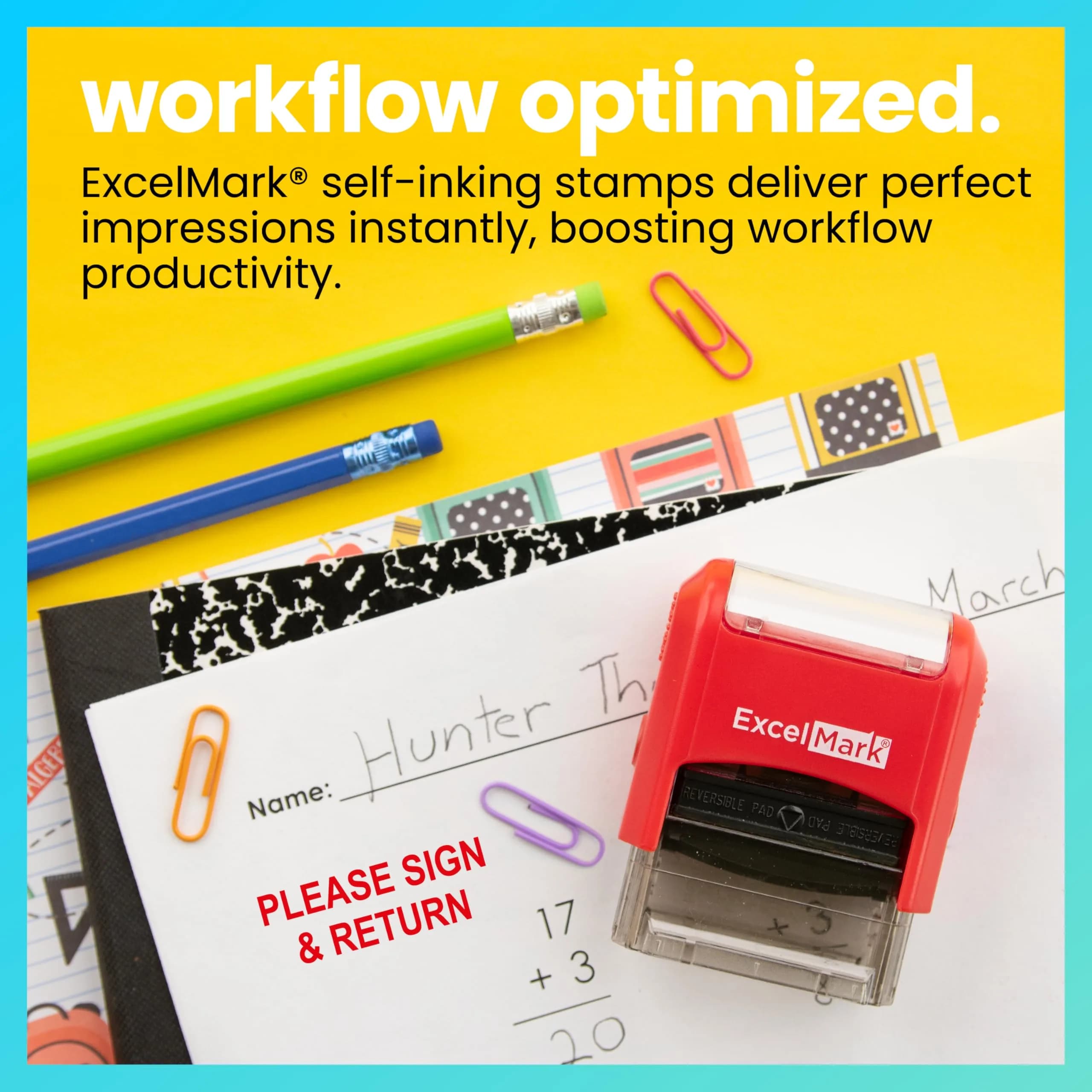 ExcelMark Self-Inking Rubber Teacher Grading Stamp - Please Sign & Return | Reversible Red/Blue Ink, Signature Line, 0.5x1.5 inch thumbnail 3