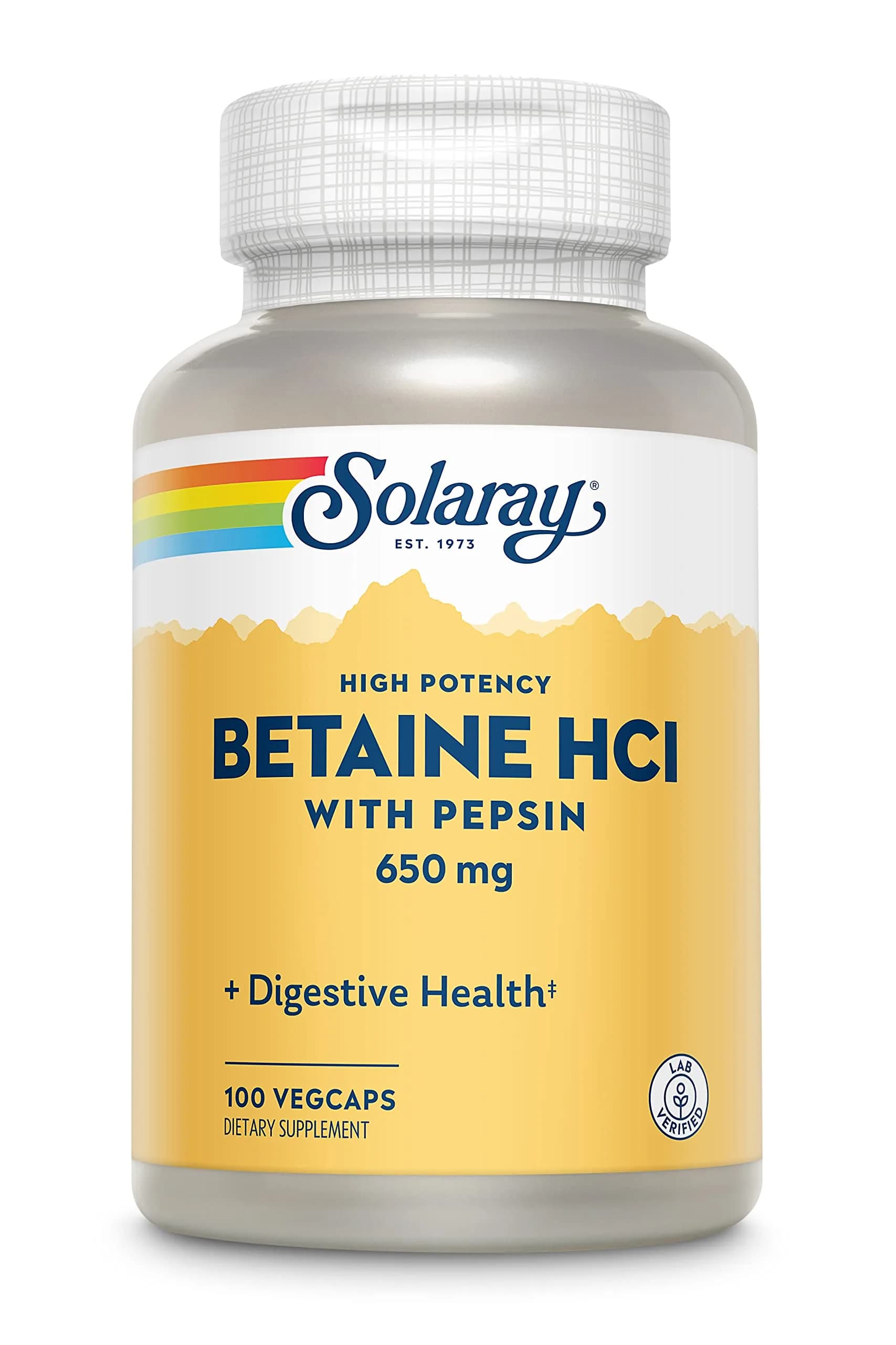 SOLARAY Betaine HCl with Pepsin 100 Veg Caps | Digestive Enzymes for Gut Health - main product image