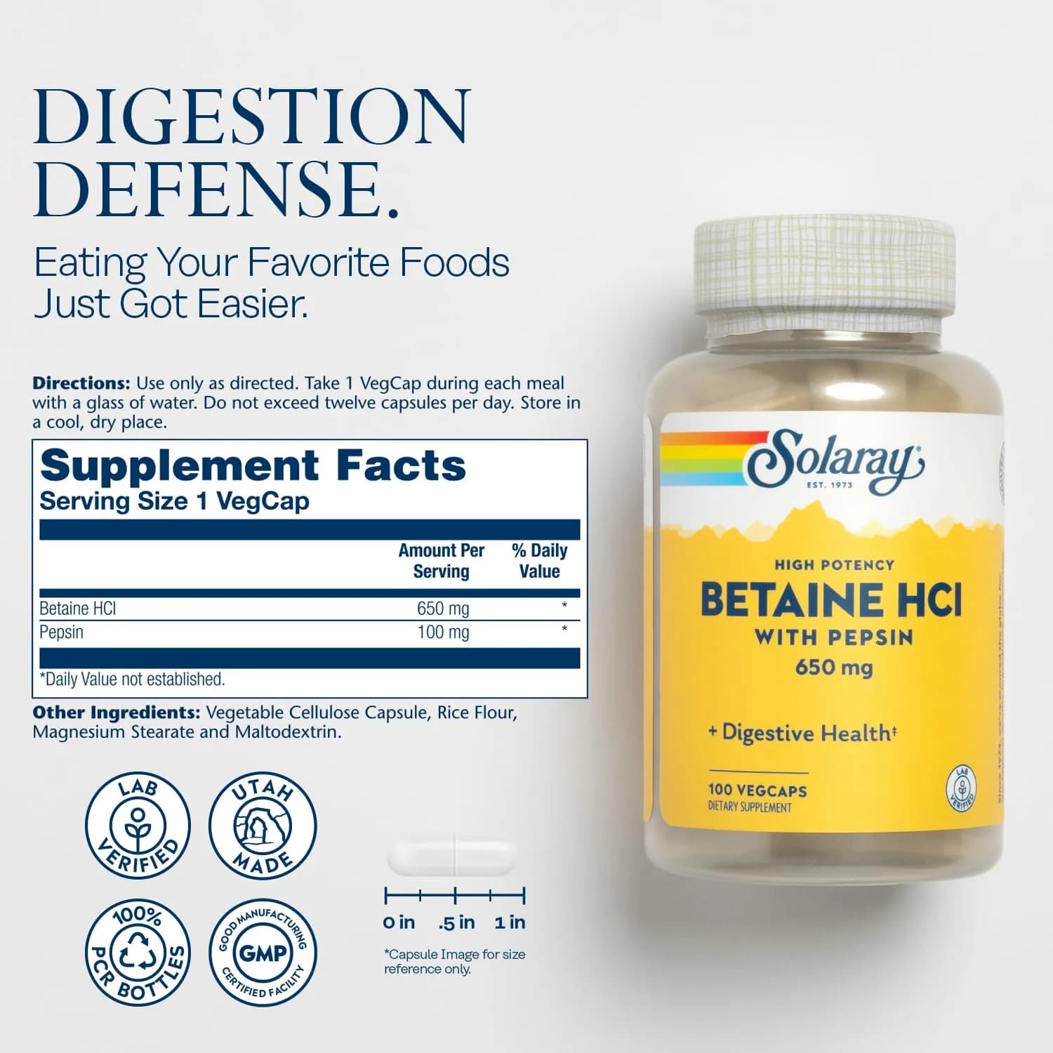 SOLARAY Betaine HCl with Pepsin 100 Veg Caps | Digestive Enzymes for Gut Health - view 2