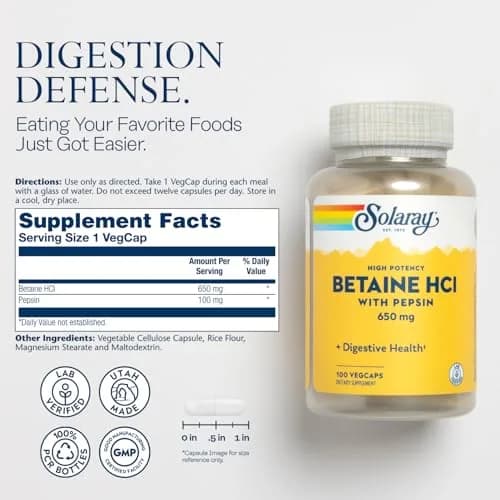 SOLARAY Betaine HCl with Pepsin 100 Veg Caps | Digestive Enzymes for Gut Health thumbnail 2