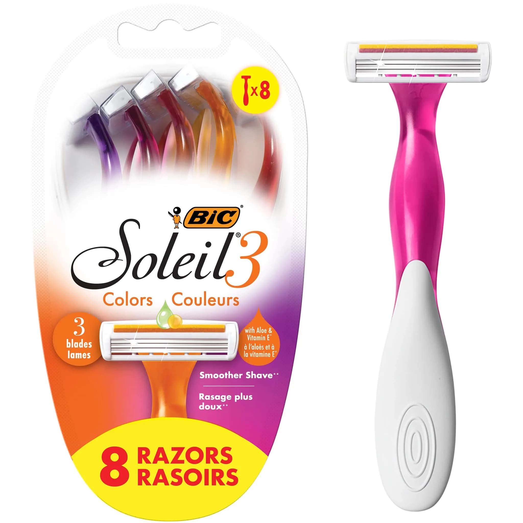 BIC Soleil 3 Colors Womens Disposable 3-Blade Razors, 8-Pack, Smooth | Travel-Friendly Bikini Razor with Aloe & Vitamin E