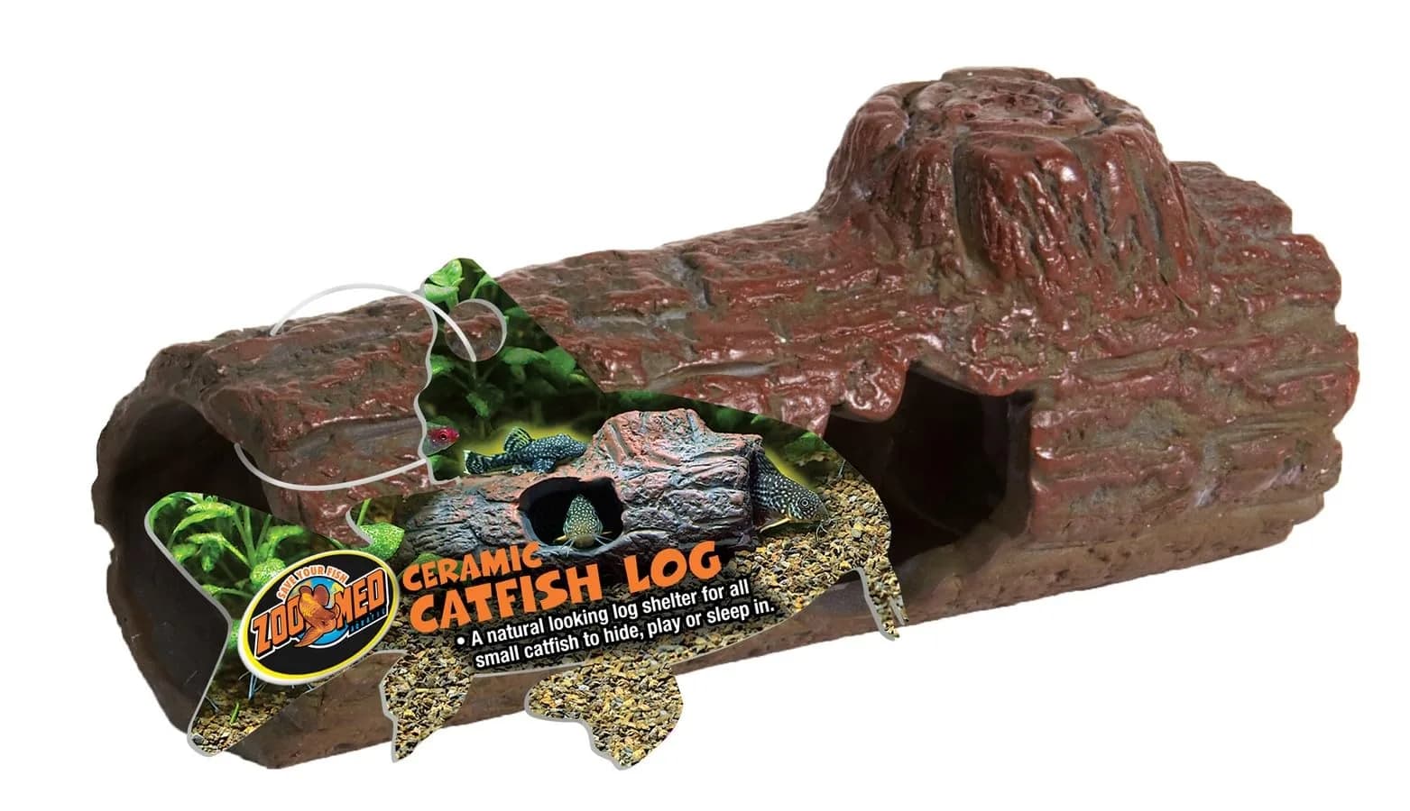 Zoo Med Ceramic Sinking Catfish Log 16.4 cm (6.45-Inch) | Naturalistic Aquarium Shelter — Brown