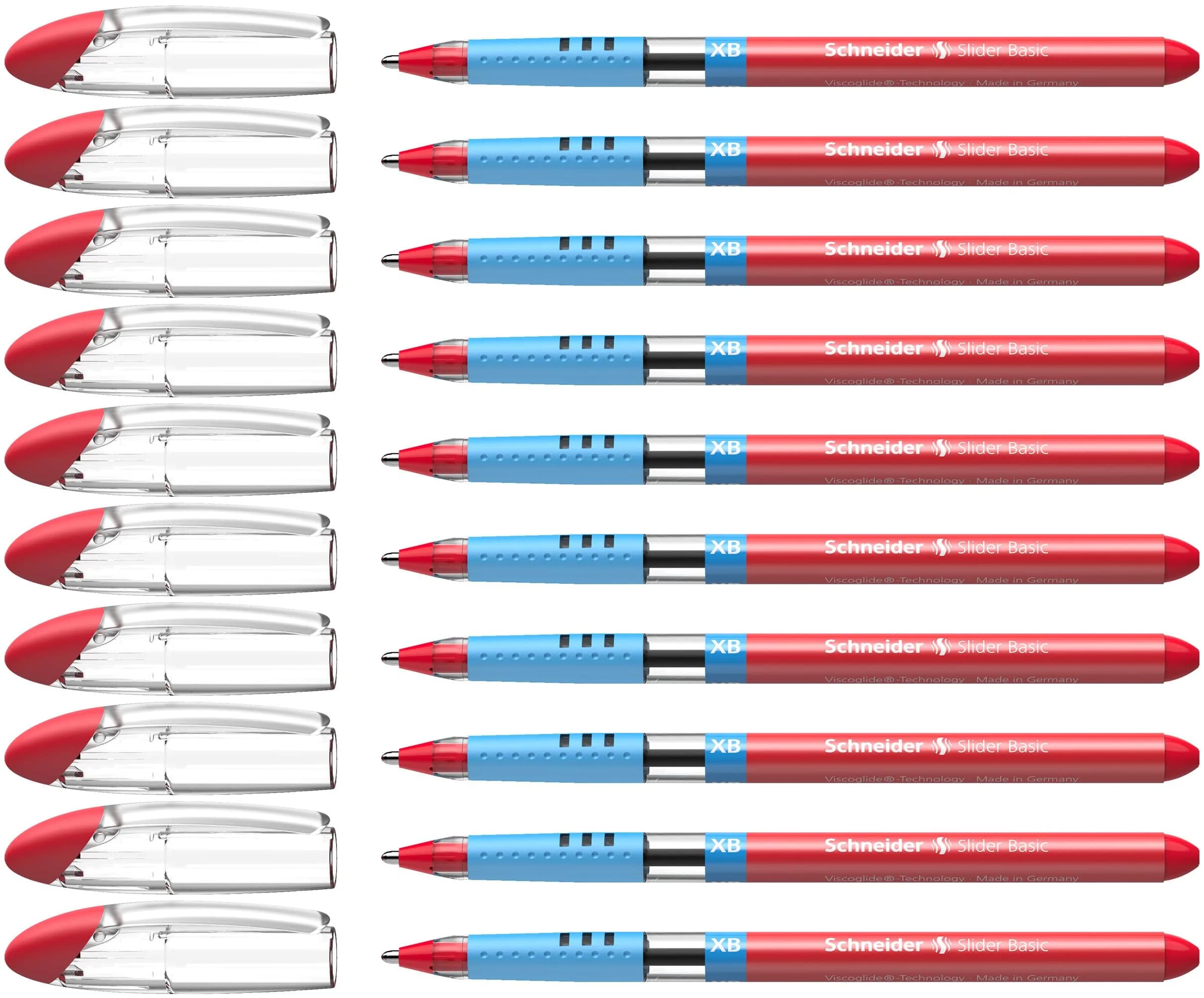 Schneider Slider Basic XB Ballpoint Pen, 1.4mm Blue Ink, Box of 10 Pens | Viscoglide Technology — Red
