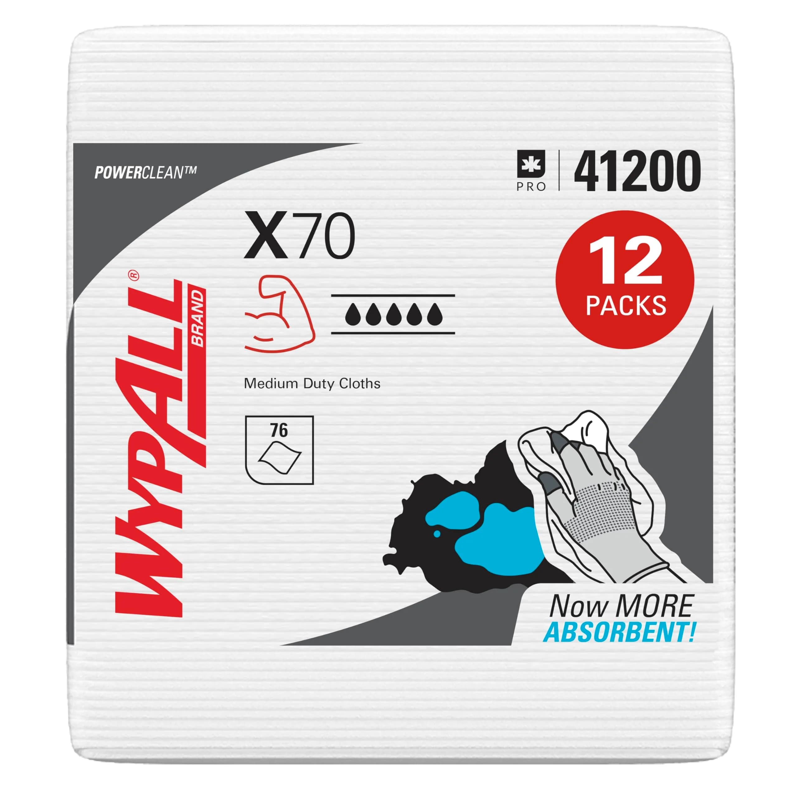 WypAll PowerClean X70 Medium Duty Cloths, 12 Packs x 76 Towels | Absorbent Industrial Wipes for Heavy-Duty Cleaning — White