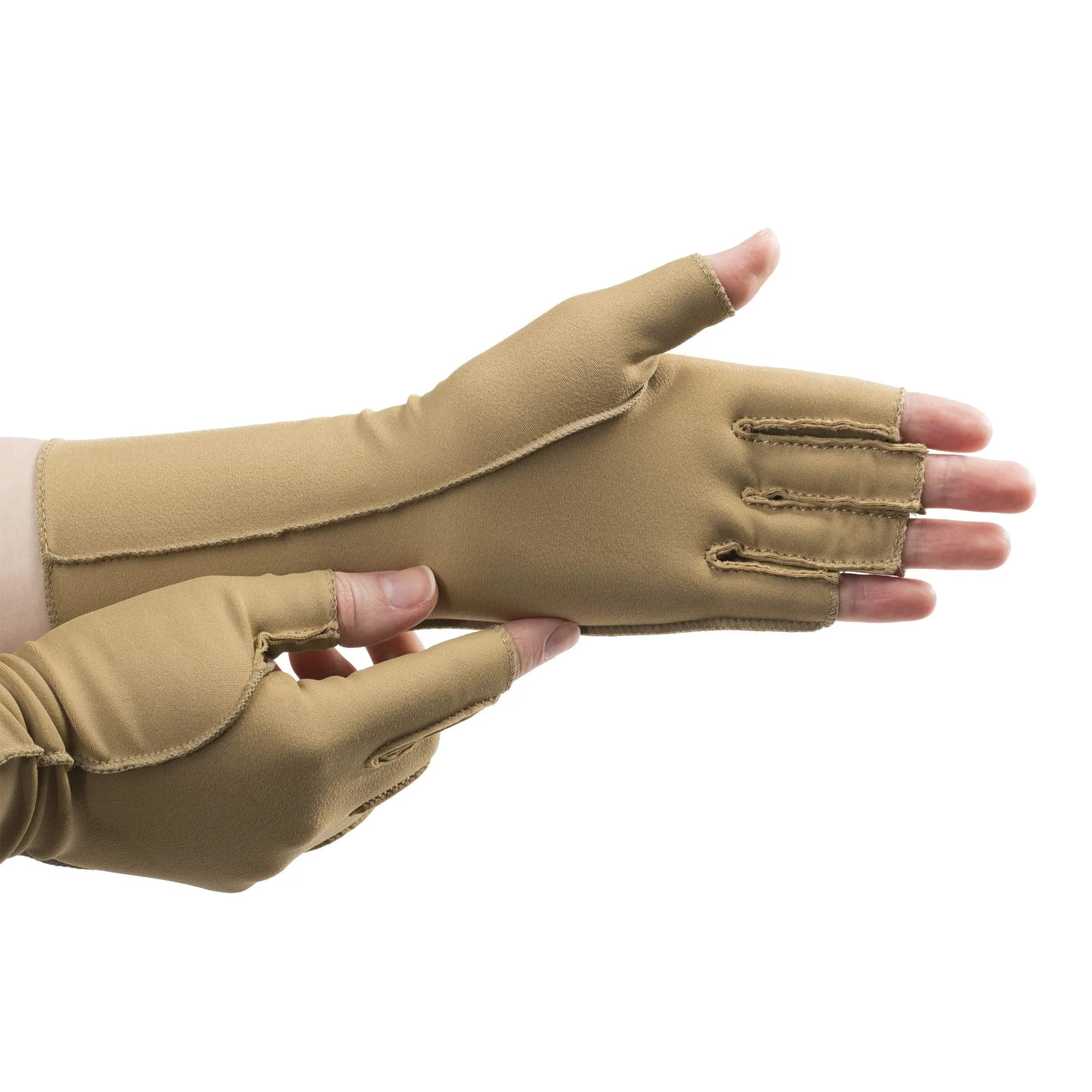 isotoner Open Finger Therapeutic Compression Gloves Small | Moderate Support for Hands — Camel
