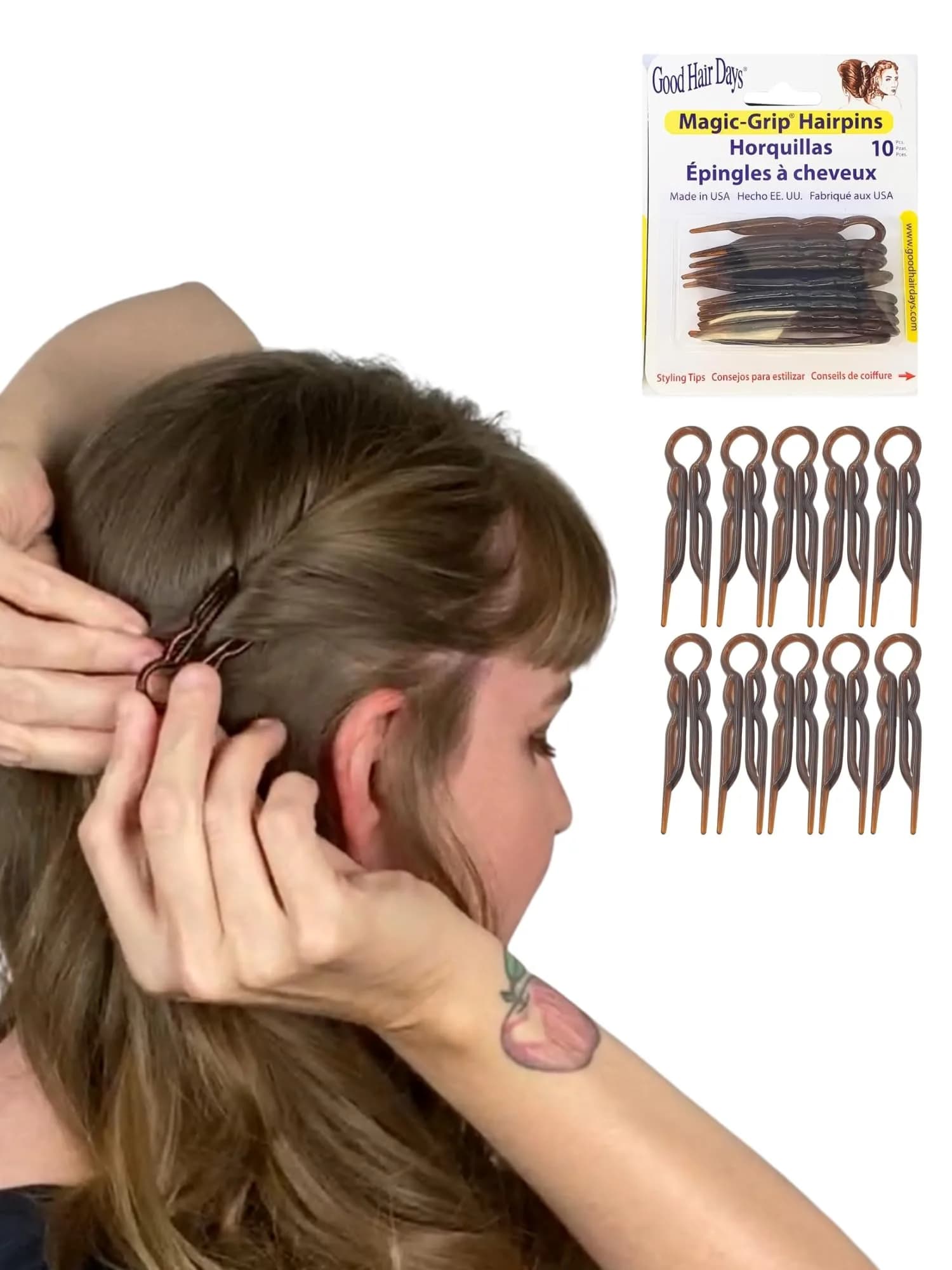 Good Hair Days Magic-Grip Styling U-Shaped Hair Pins, Strong Hold, 20 Pack | Clear Crystal Finish — Tortoise Shell Brown