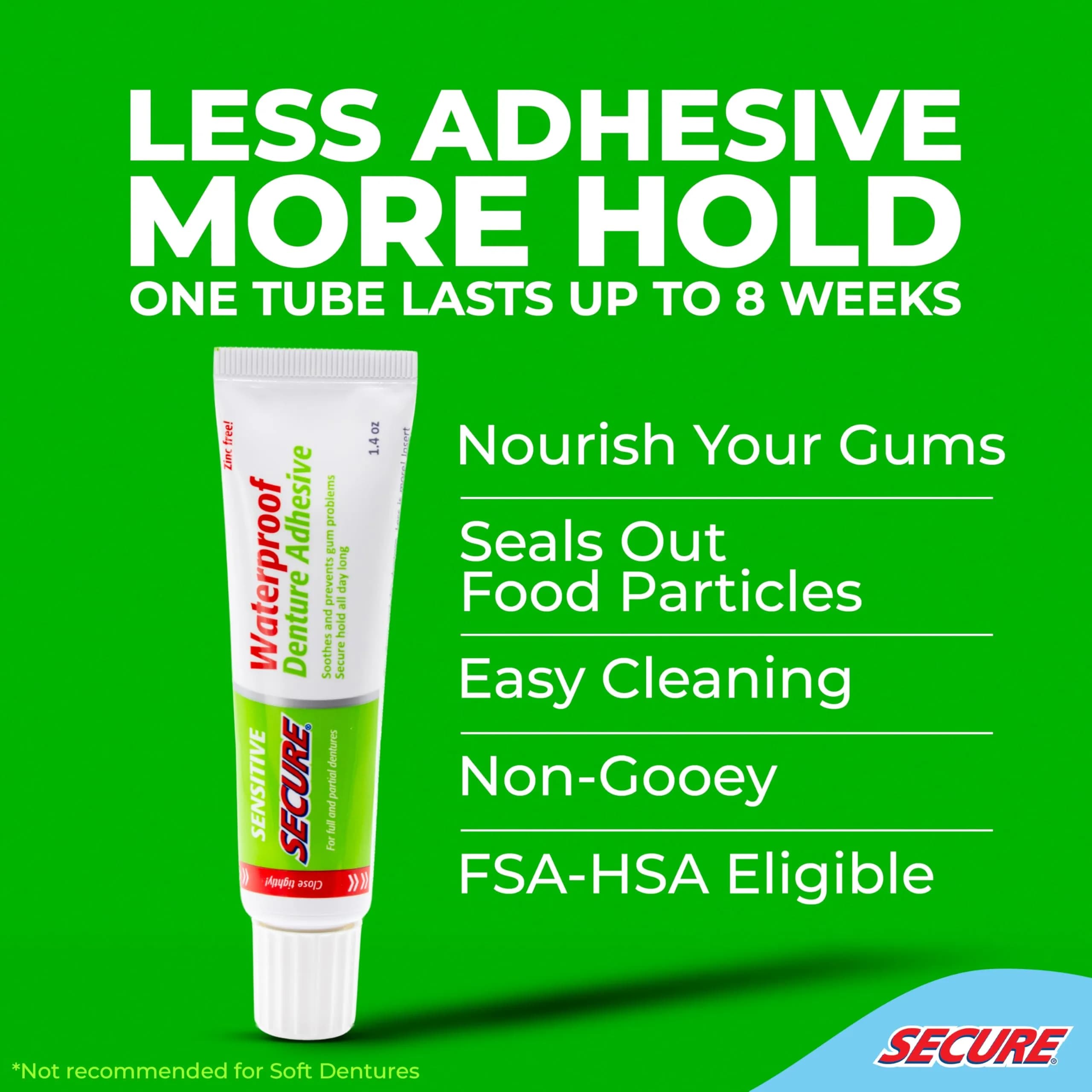 Secure Sensitive Denture Adhesive Cream 1.4 oz (5.6 oz) | Zinc-Free, Waterproof Hold for Sensitive Gums - view 2