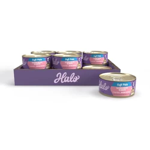 Halo Soft Pate Wet Cat Food, Salmon in Broth, 5.5 oz Can, 12-Pack | Grain-Free, Complete Nutrition for Adult Cats thumbnail 1