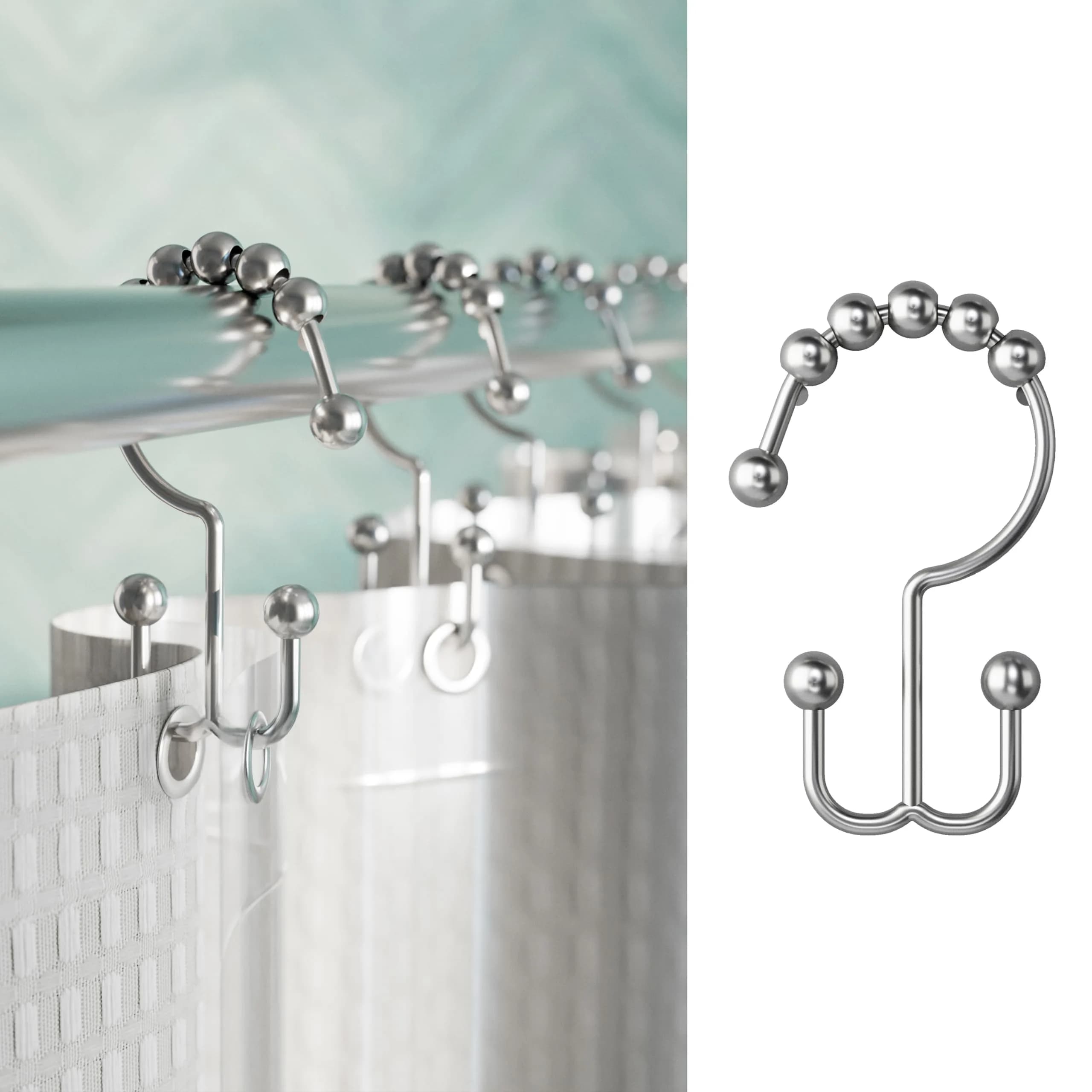 Zenna Home Rust-Resistant Double Roller Glide Shower Hooks Set of 12 | Easy Glide Bathroom Curtain Rings