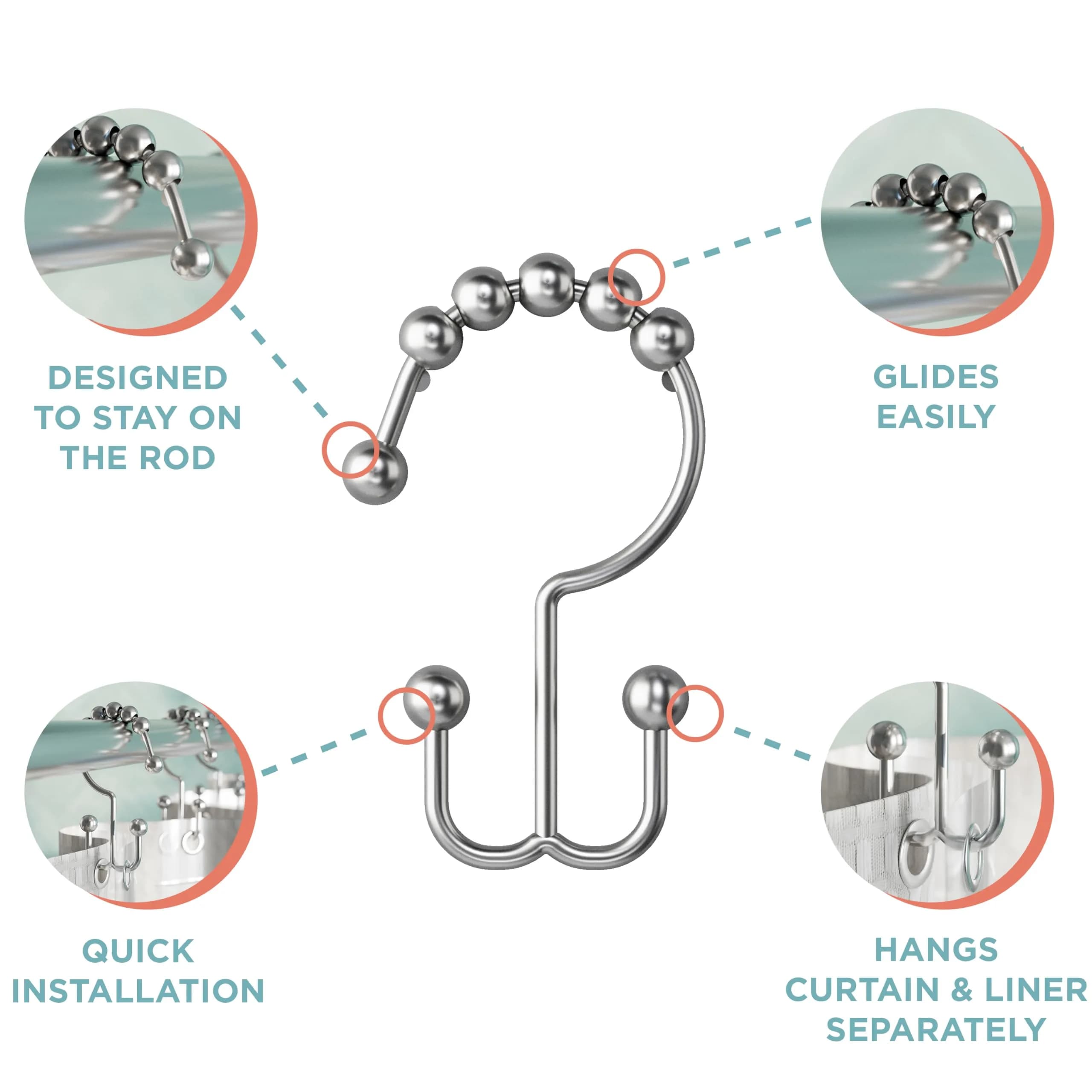 Zenna Home Rust-Resistant Double Roller Glide Shower Hooks Set of 12 | Easy Glide Bathroom Curtain Rings - view 3