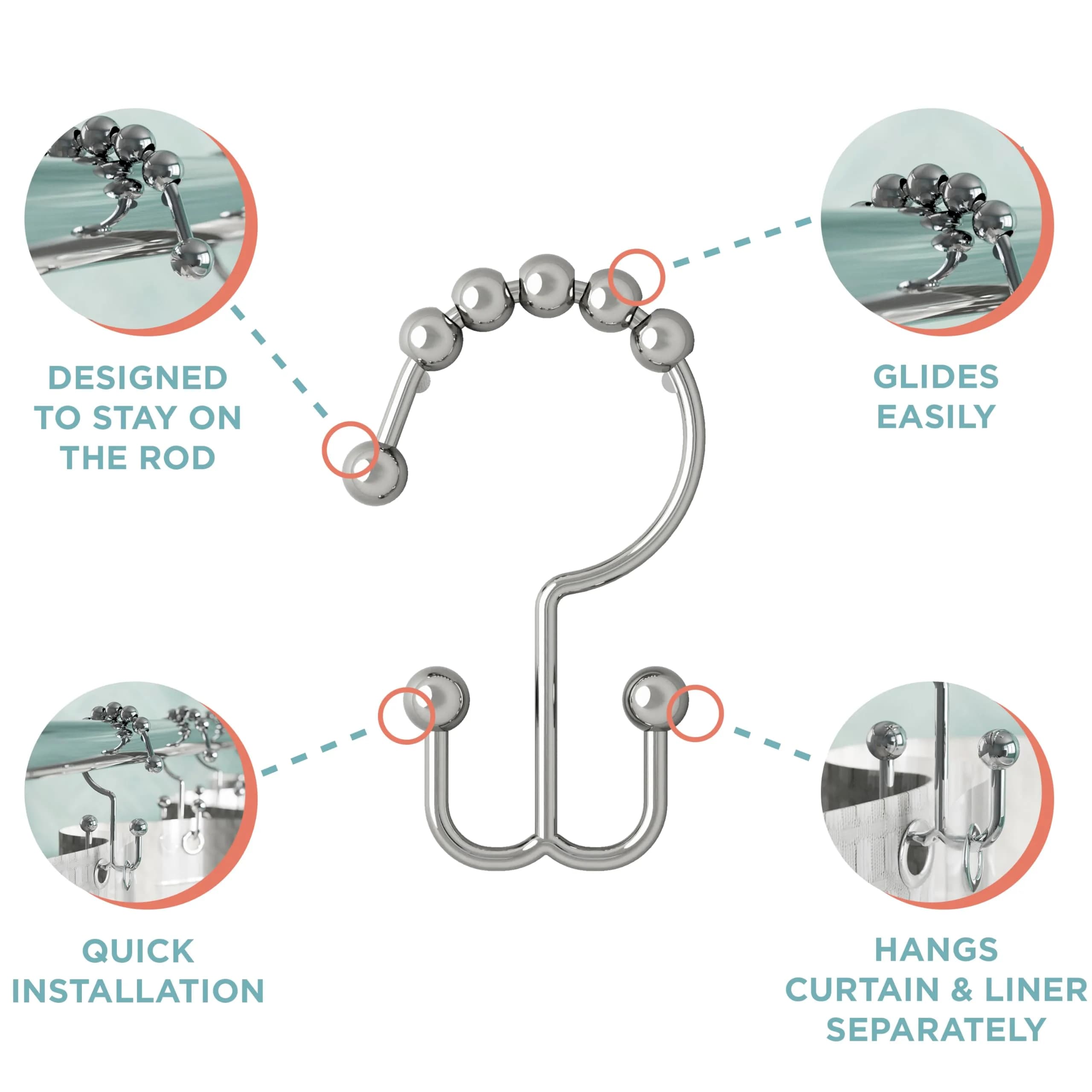 Zenna Home Double Roller Glide Shower Curtain Hooks, Chrome, Set of 12 | Rust-Resistant Metal Rings for Smooth Hanging - view 3