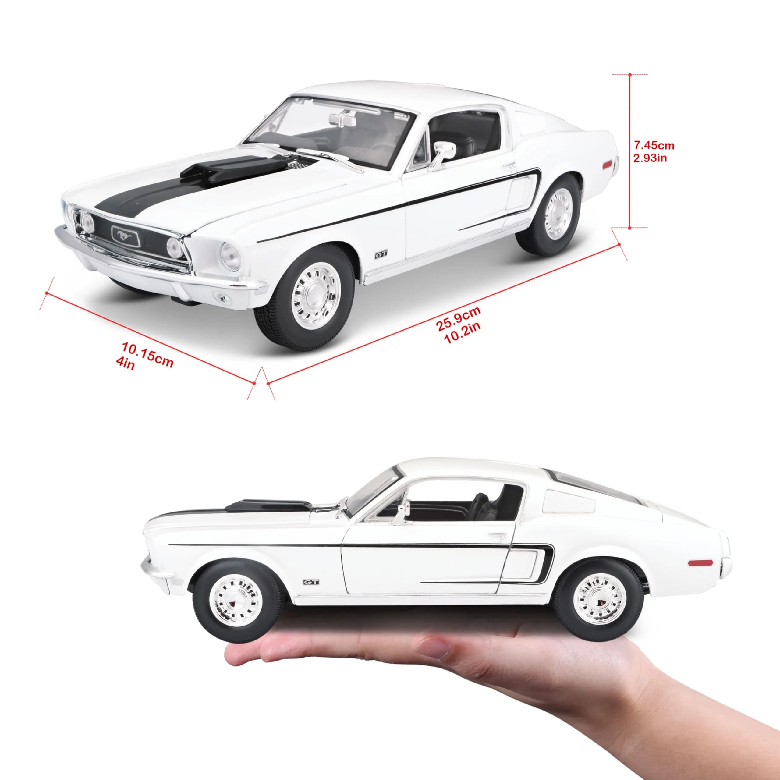 Maisto 1968 Ford Mustang GT Cobra Jet 1/18 Scale Diecast Model Vehicle White | Classic Collector's Replica - view 2