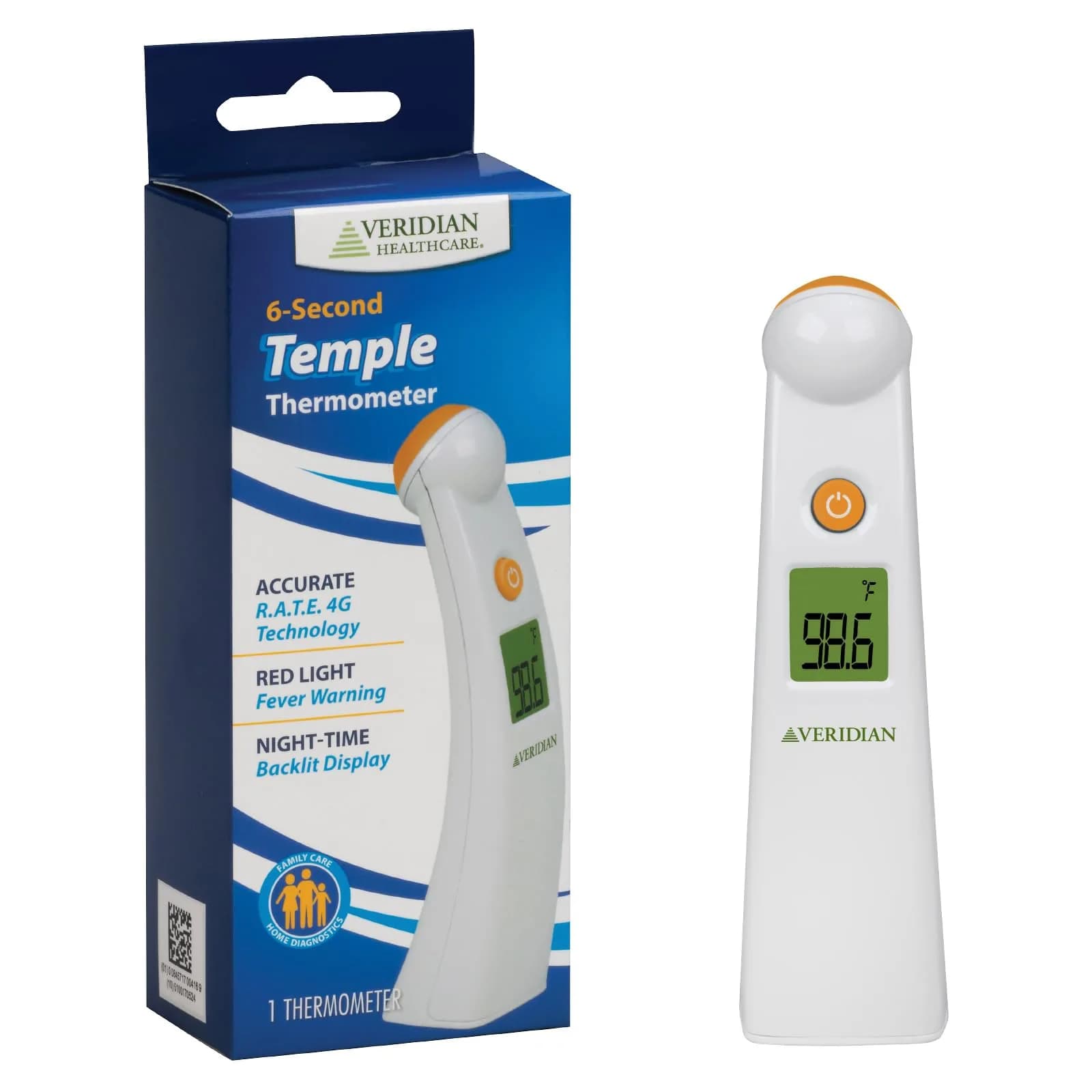 Veridian Healthcare Temporal Contact Thermometer LCD Display 6-Second Readout | Fever Alert Backlit Display — White