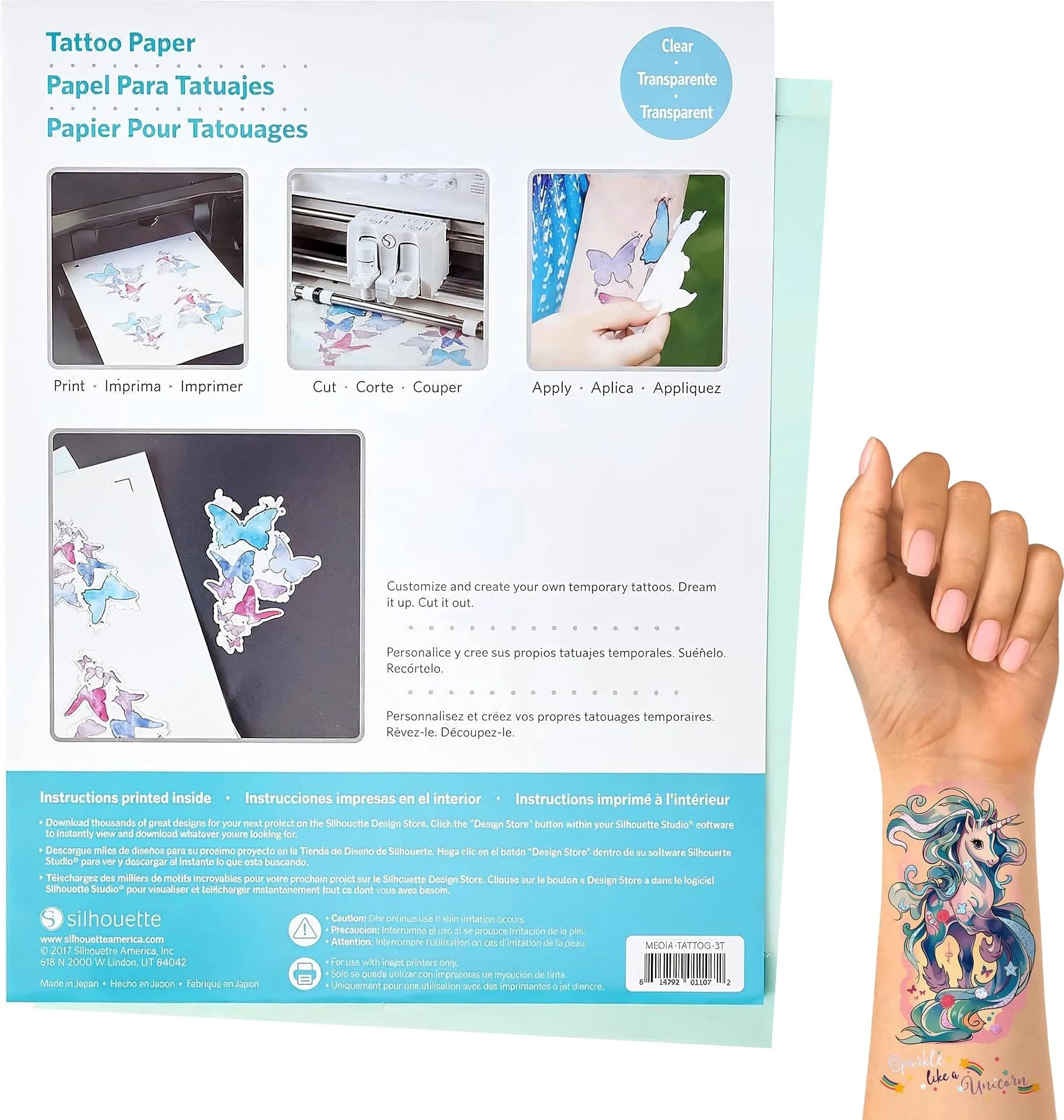 Silhouette America Temporary Tattoo Paper for Inkjet Printers | 1 Sheet, Clear, Skin Safe Adhesive - main product image